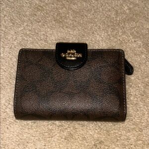 Coach Brown and Black Signature Bifold Wallet with Gold Accent